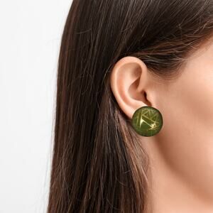 1980s Green and Gold Earrings, Painted Tribal Design, Round Dome Circle Pierced